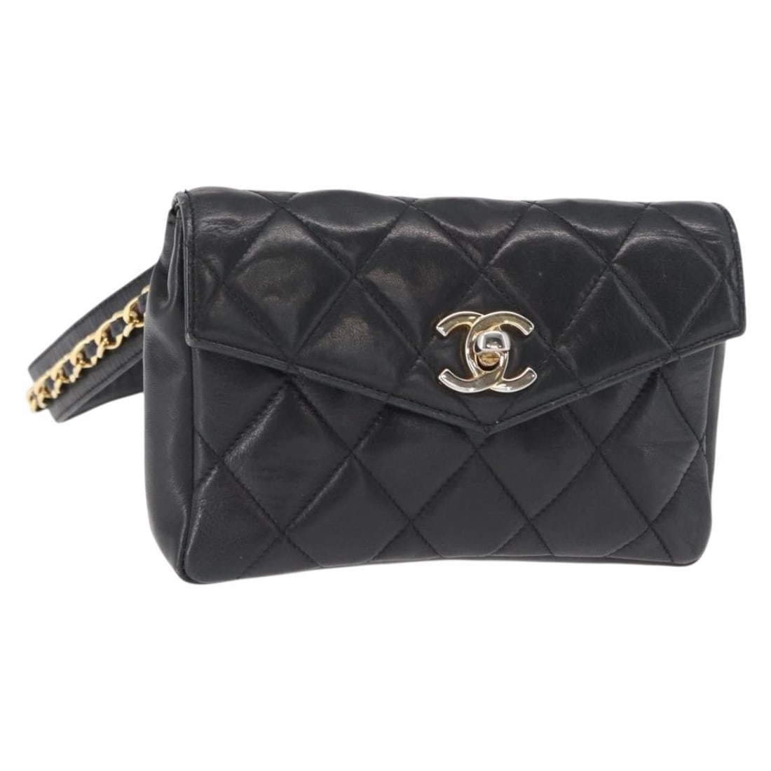 Black Lambskin Matelasse Waist Bag with Chain Strap by CHANEL: Black Lambskin Matelasse Waist Bag with Chain Strap by CHANEL This CHANEL Matelasse chain waist bag features luxurious black lambskin leather with gold-tone CC accents. Made in Italy, the bag is desig