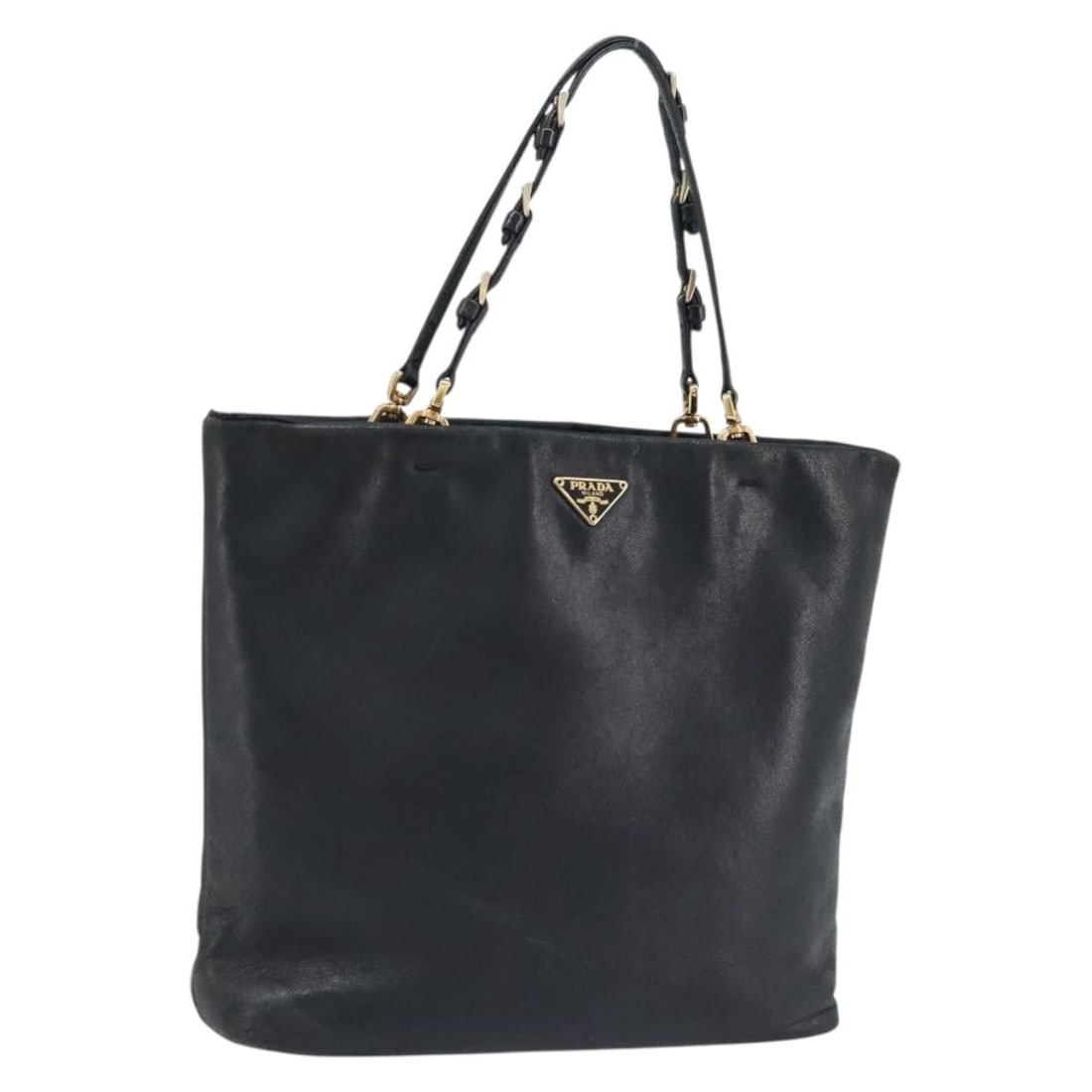 Black Leather PRADA Women's Handbag with Gold Accents Made in Italy: Black Leather PRADA Women's Handbag with Gold Accents Made in Italy This PRADA handbag features a black and gold leather exterior with a compact and stylish silhouette. Designed for women, it offers a
