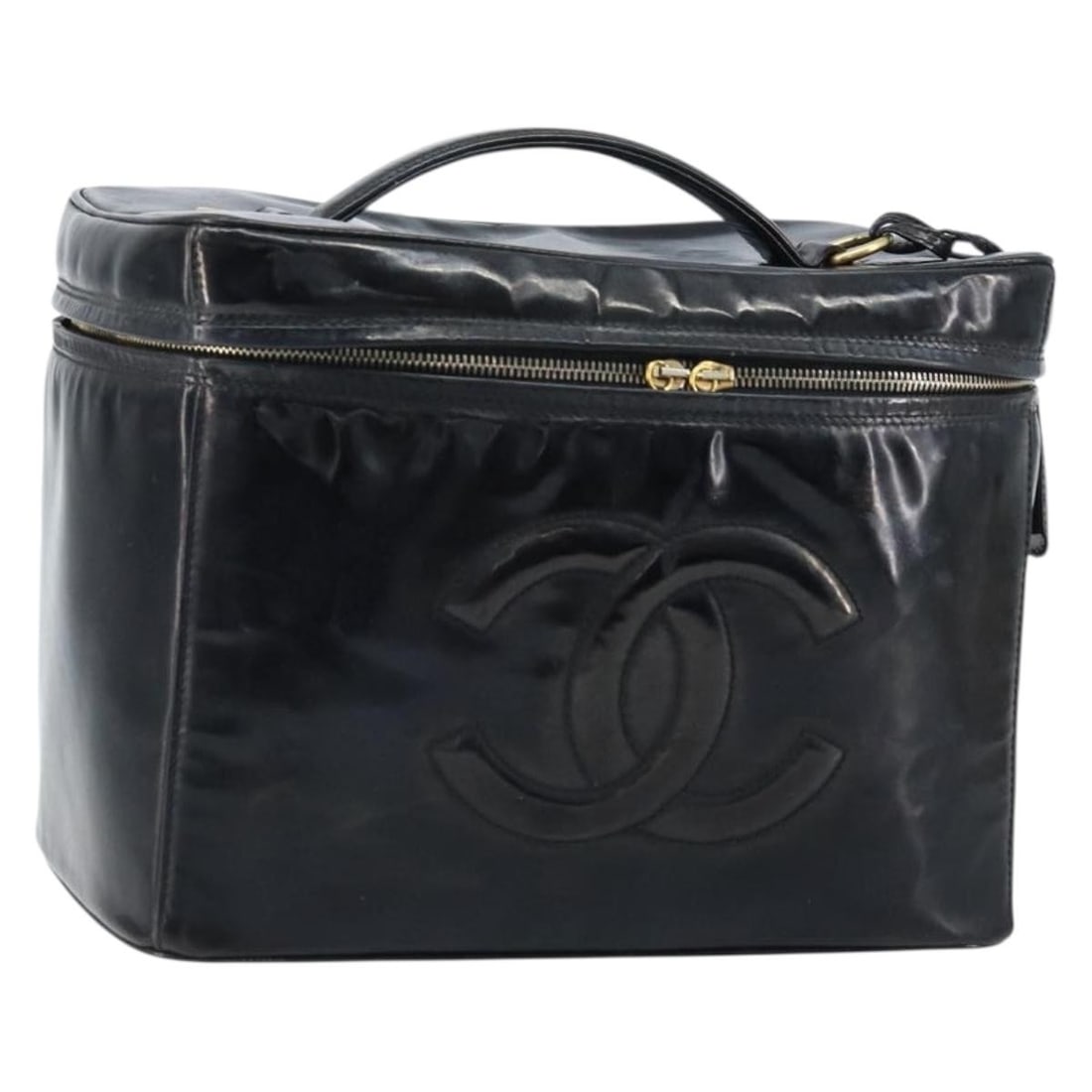 CHANEL Black Patent Leather Vanity Pouch Bag with Gold Tone CC: CHANEL Black Patent Leather Vanity Pouch Bag with Gold Tone CC This CHANEL vanity pouch features a black patent leather exterior with gold accents and a gold CC logo. Designed for women, the pouch has