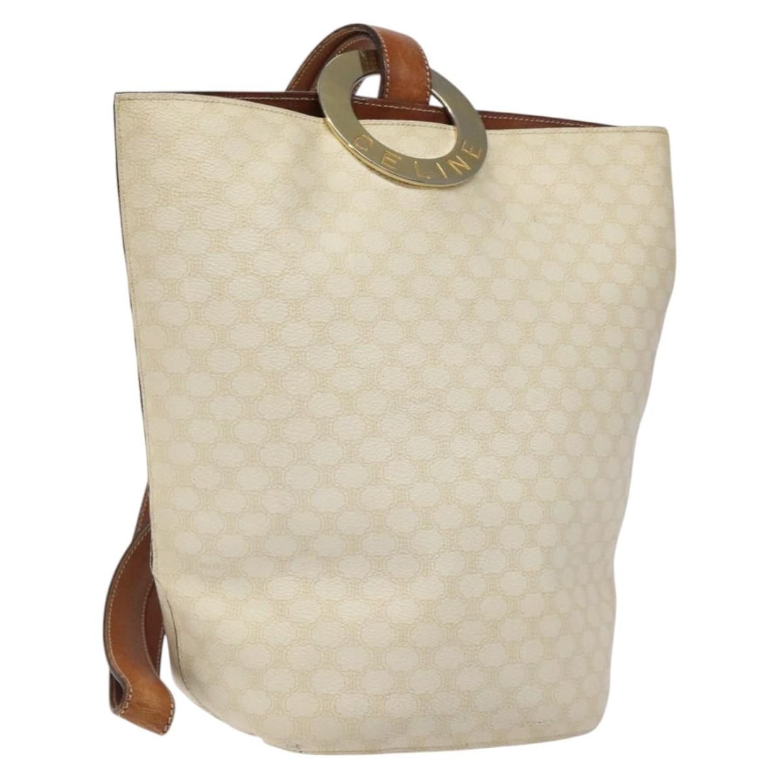 Celine Macadam White PVC Leather Shoulder Bag with Circle Motif: Celine Macadam White PVC Leather Shoulder Bag with Circle Motif This is a Celine shoulder bag crafted from white PVC leather and Macadam canvas. The bag features a circular design and offers a spaciou