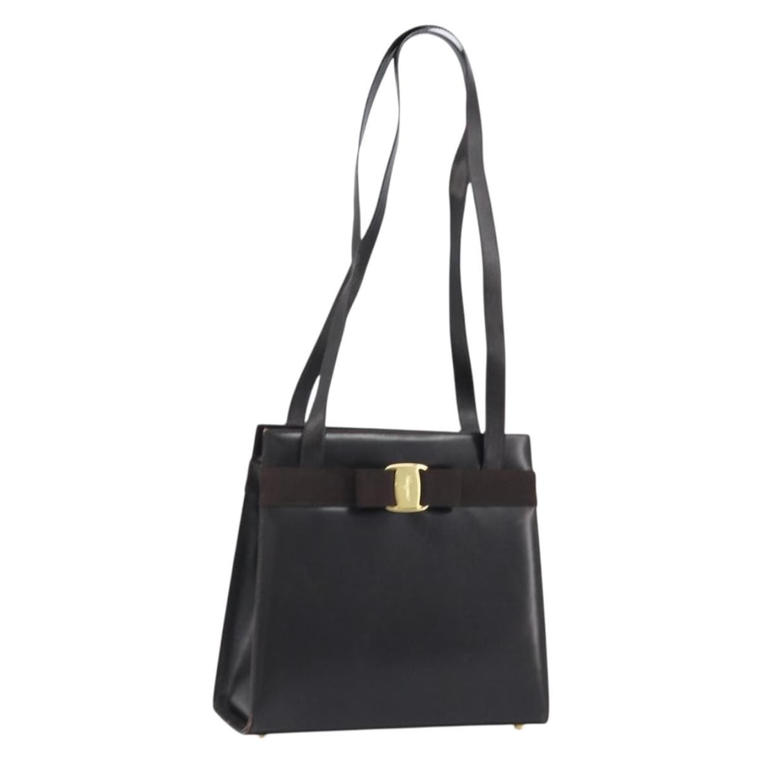 Salvatore Ferragamo Brown Leather Shoulder Bag Gold Accents Italy (1 of 18)