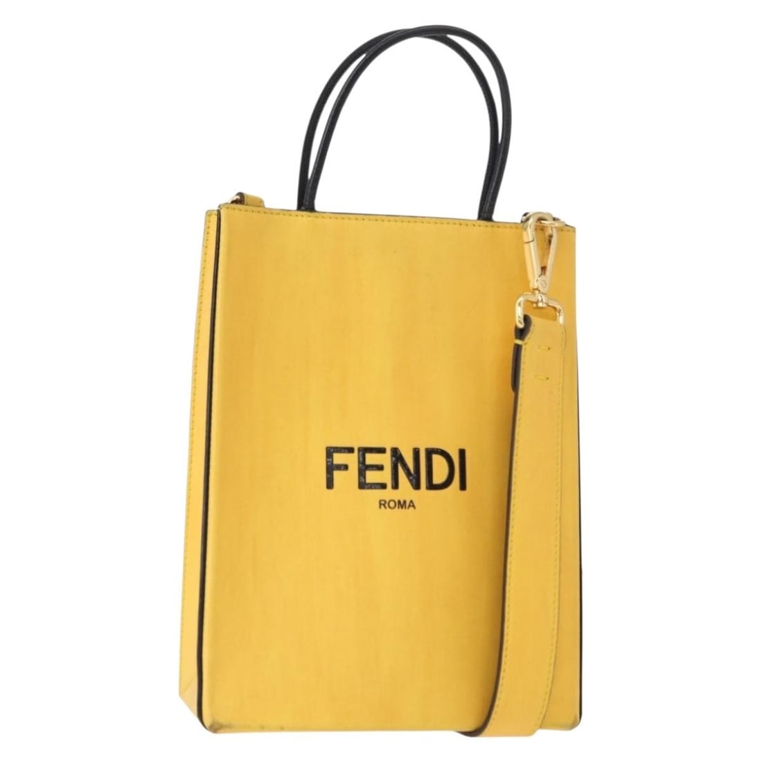 FENDI Yellow Gold Leather Hand Bag 2way Auth BA7681: FENDI Yellow Gold Leather Hand Bag 2way Auth BA7681 This authentic FENDI handbag exudes elegance with its striking yellow and gold leather exterior. Crafted in Italy, it features a versatile design th