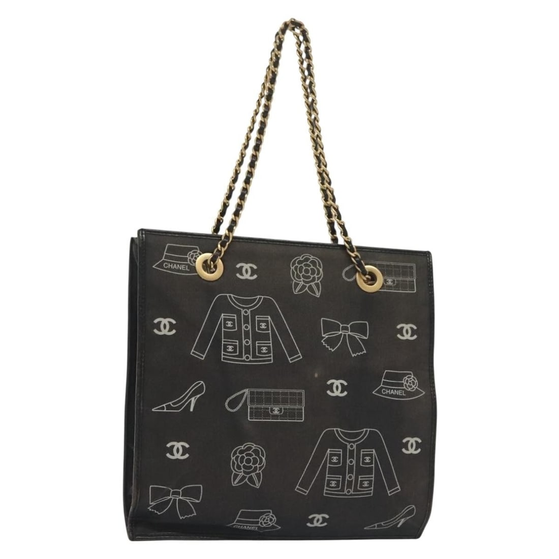 CHANEL Black Gold Canvas Chain Tote Bag Italy Auth 142312: CHANEL Black Gold Canvas Chain Tote Bag Italy Auth 142312 This authentic CHANEL Chain Tote Bag is a stylish and functional accessory crafted from durable black canvas with gold accents. Designed in It