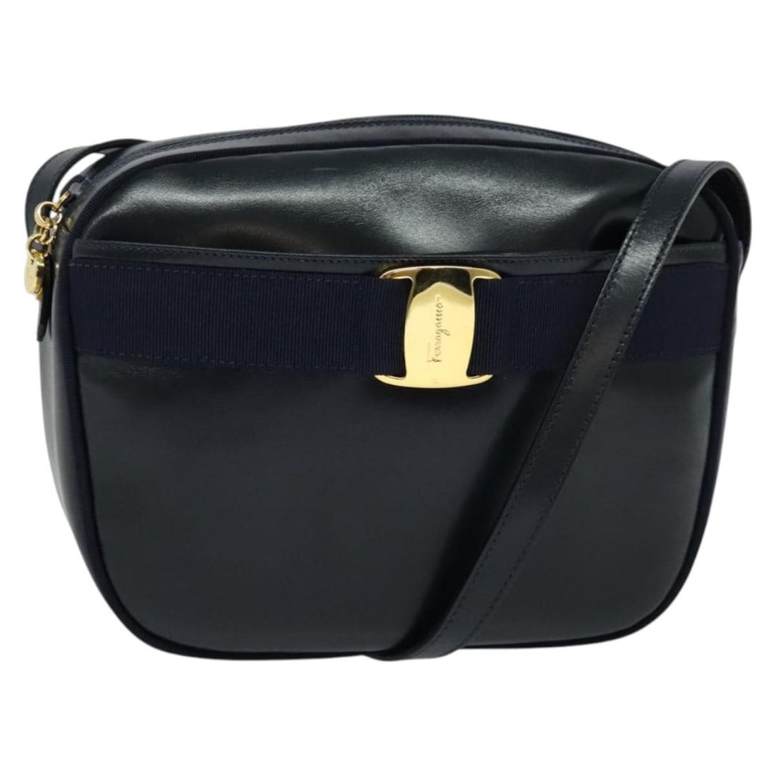 Salvatore Ferragamo Vala Navy Gold Leather Shoulder Bag Auth BA212559 (1 of 18)