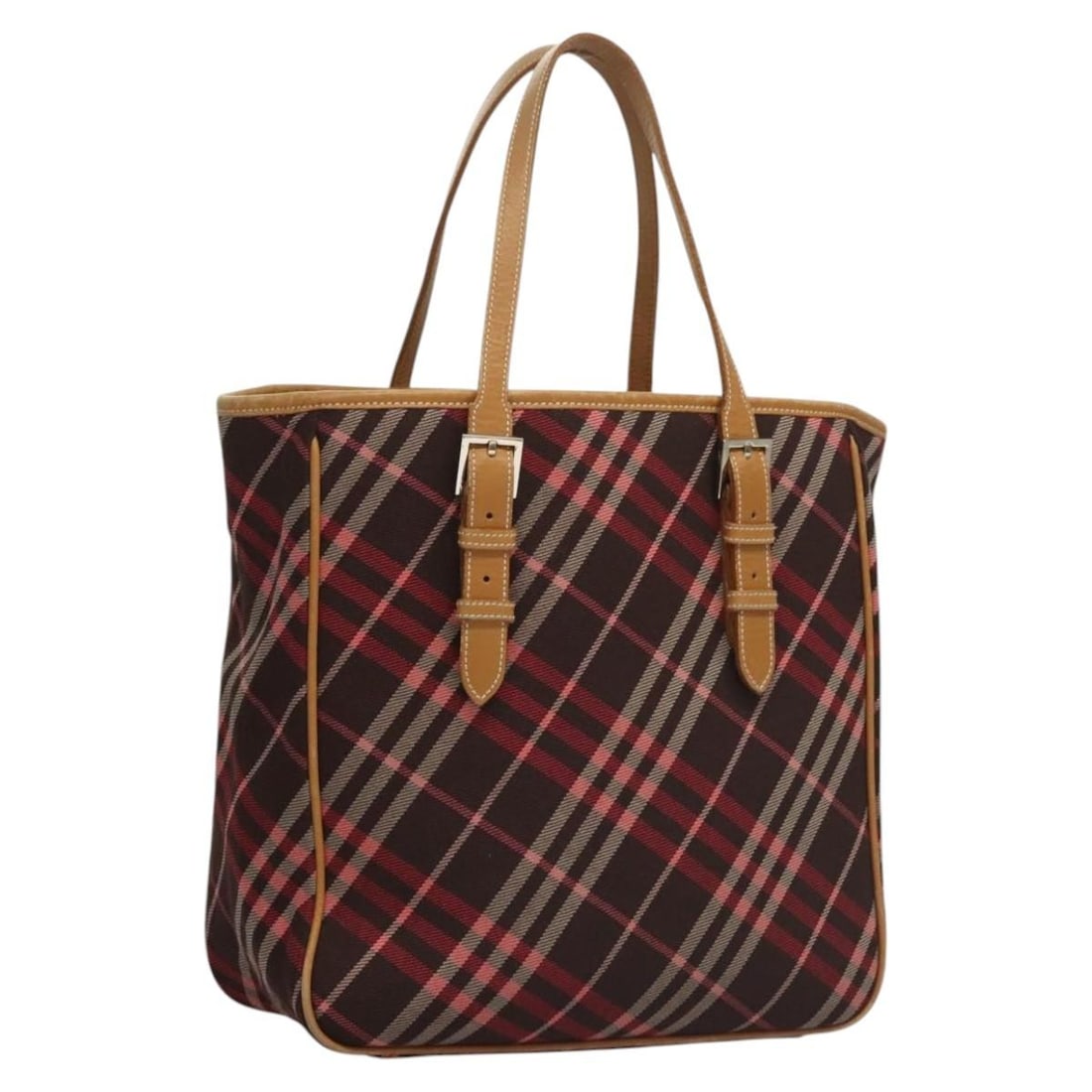Burberry Blue Label Pink Canvas Tote with Nova Check Pattern: Burberry Blue Label Pink Canvas Tote with Nova Check Pattern This Burberry Nova Check Blue Label tote bag features a pink and silver canvas exterior and is designed for women. The bag shows signs of h