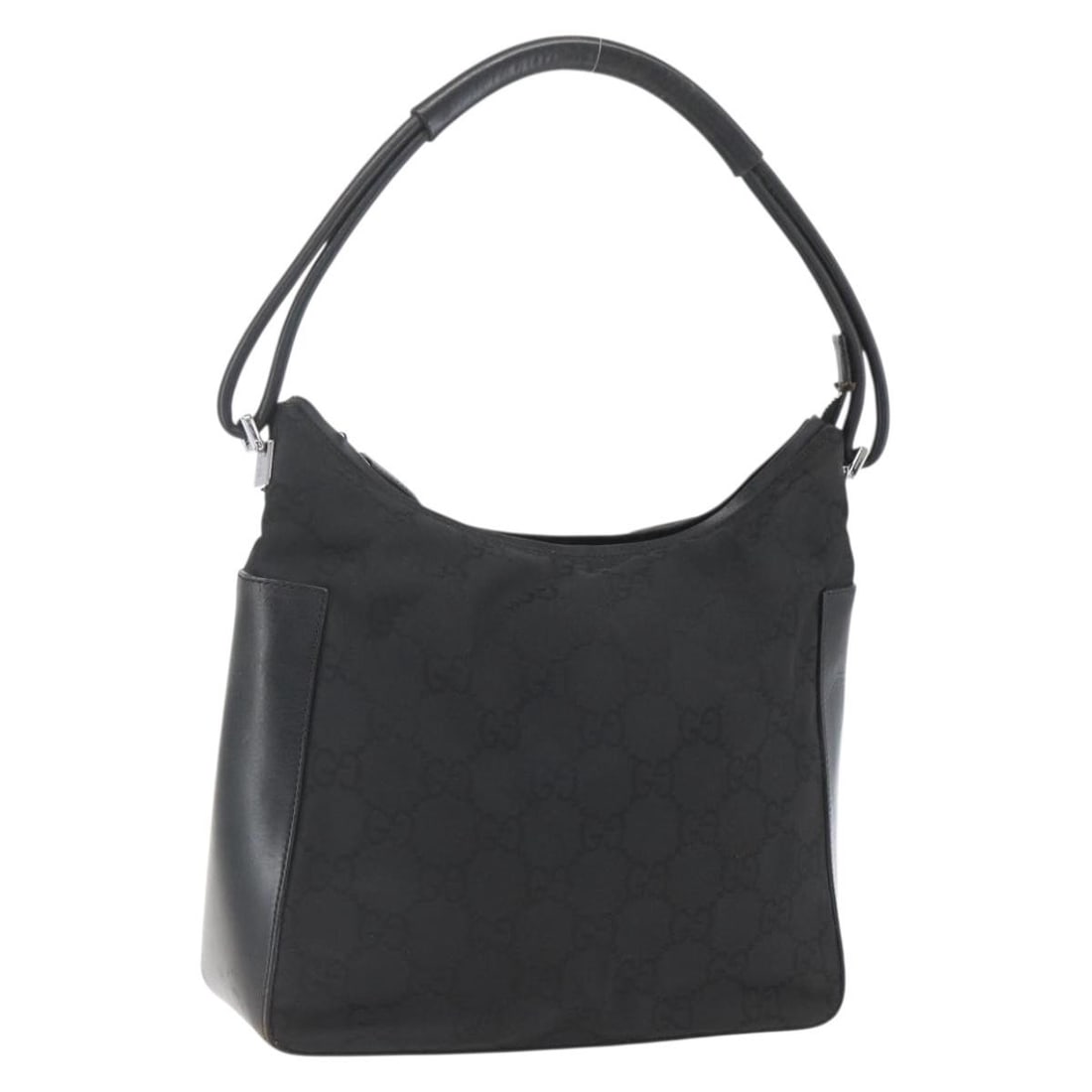 Black GG Canvas Shoulder Bag by Gucci Model 001 3766 Silver Accents: Black GG Canvas Shoulder Bag by Gucci Model 001 3766 Silver Accents This is a GUCCI GG Canvas shoulder bag in black and silver, designed for women. The bag features the signature GG canvas exterior wi