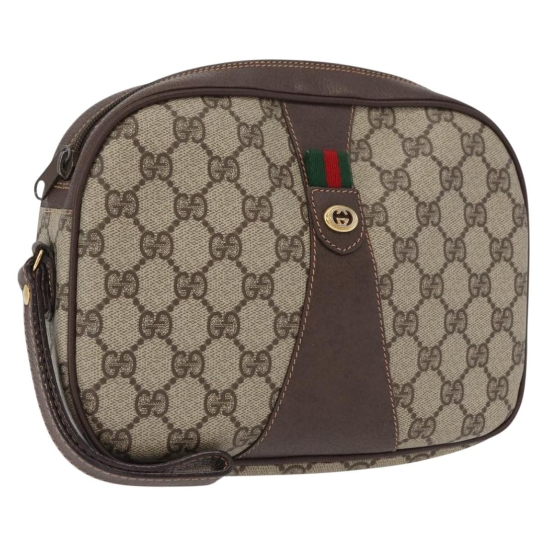 Gucci Sherry Line GG Supreme Beige Gold PVC Clutch Bag 156 01 034: Gucci Sherry Line GG Supreme Beige Gold PVC Clutch Bag 156 01 034 This Gucci GG Supreme Web Sherry Line clutch bag is crafted from PVC leather and GG canvas in beige and gold tones. Made in Italy, it