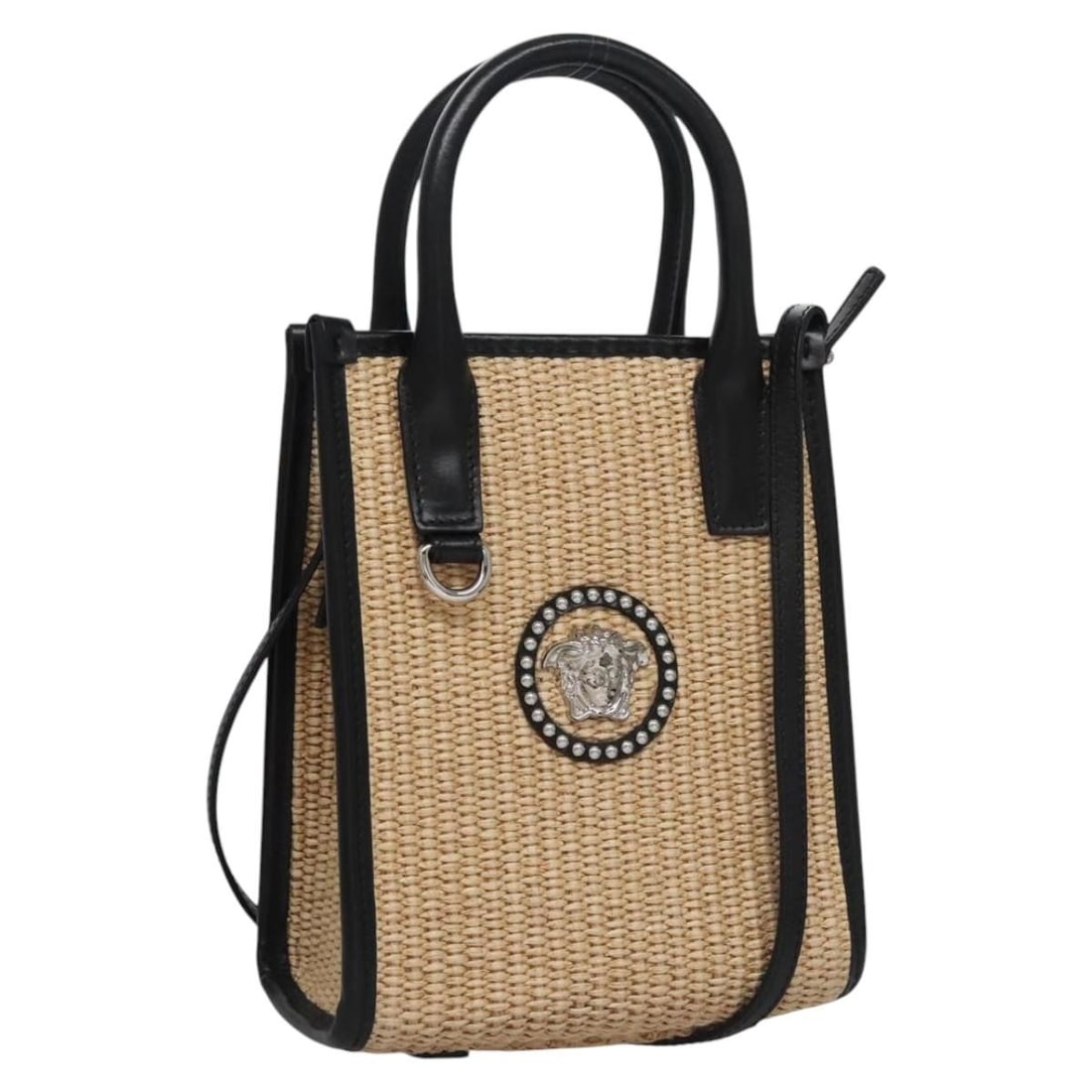 Versace Beige Canvas Convertible Handbag With Strap and Dust Bag: Versace Beige Canvas Convertible Handbag With Strap and Dust Bag This Versace handbag is crafted from beige canvas and designed for versatile use with both top handles and a detachable shoulder strap,