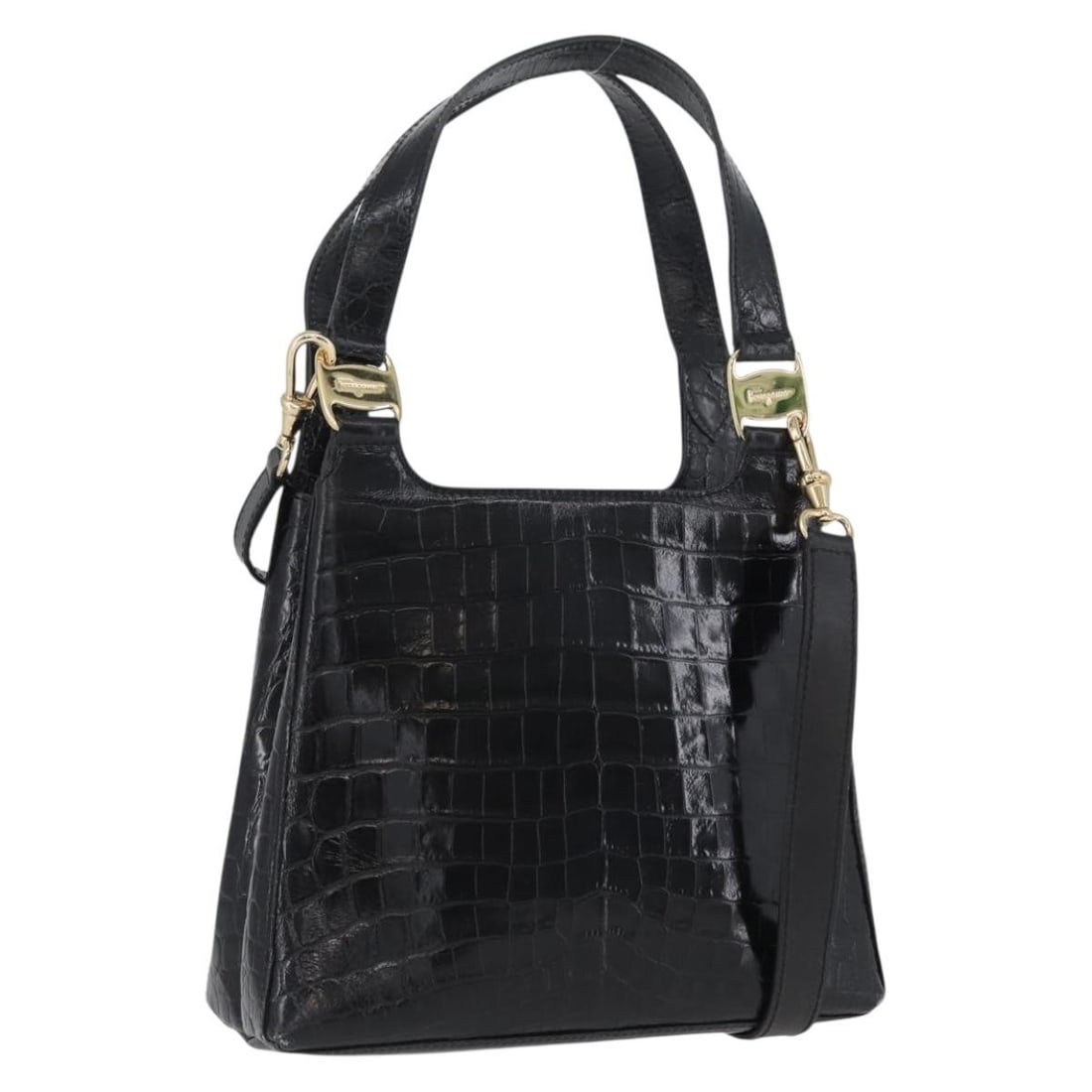 Black Leather 2way Salvatore Ferragamo Handbag with Gold Accents and Strap (1 of 18)