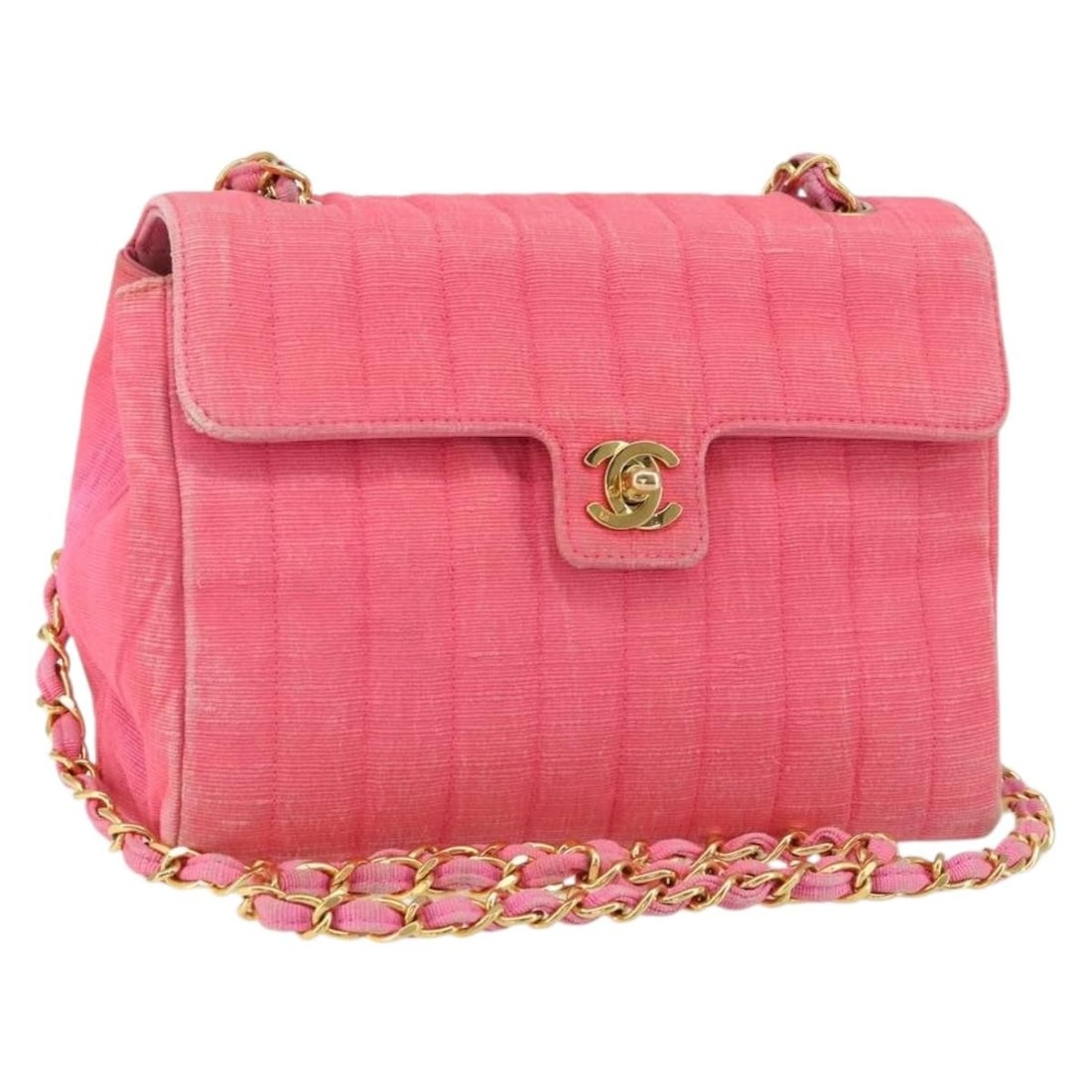 CHANEL Mademoiselle Pink Gold Canvas Shoulder Bag with Auth Card: CHANEL Mademoiselle Pink Gold Canvas Shoulder Bag with Auth Card Discover the elegance of the CHANEL Mademoiselle Chain Shoulder Bag, a stunning accessory made from durable canvas in a chic pink and g