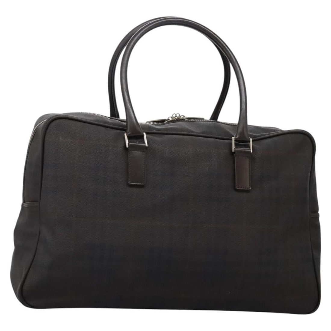 Burberry Boston Bag in Brown PVC Leather Nova Check with Silver Accents: Burberry Boston Bag in Brown PVC Leather Nova Check with Silver Accents This is a Burberry Boston bag featuring the iconic Nova Check pattern. Crafted from durable PVC leather in brown and silver tone