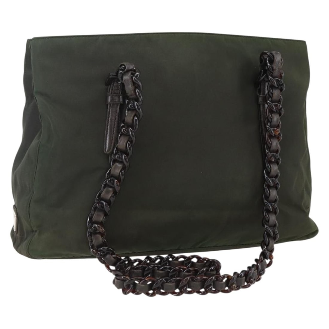 Khaki Nylon and Leather Prada Shoulder Bag Made in Italy: Khaki Nylon and Leather Prada Shoulder Bag Made in Italy This Prada shoulder bag features a khaki nylon exterior with leather accents. It is crafted in Italy and offers a practical size suitable for e
