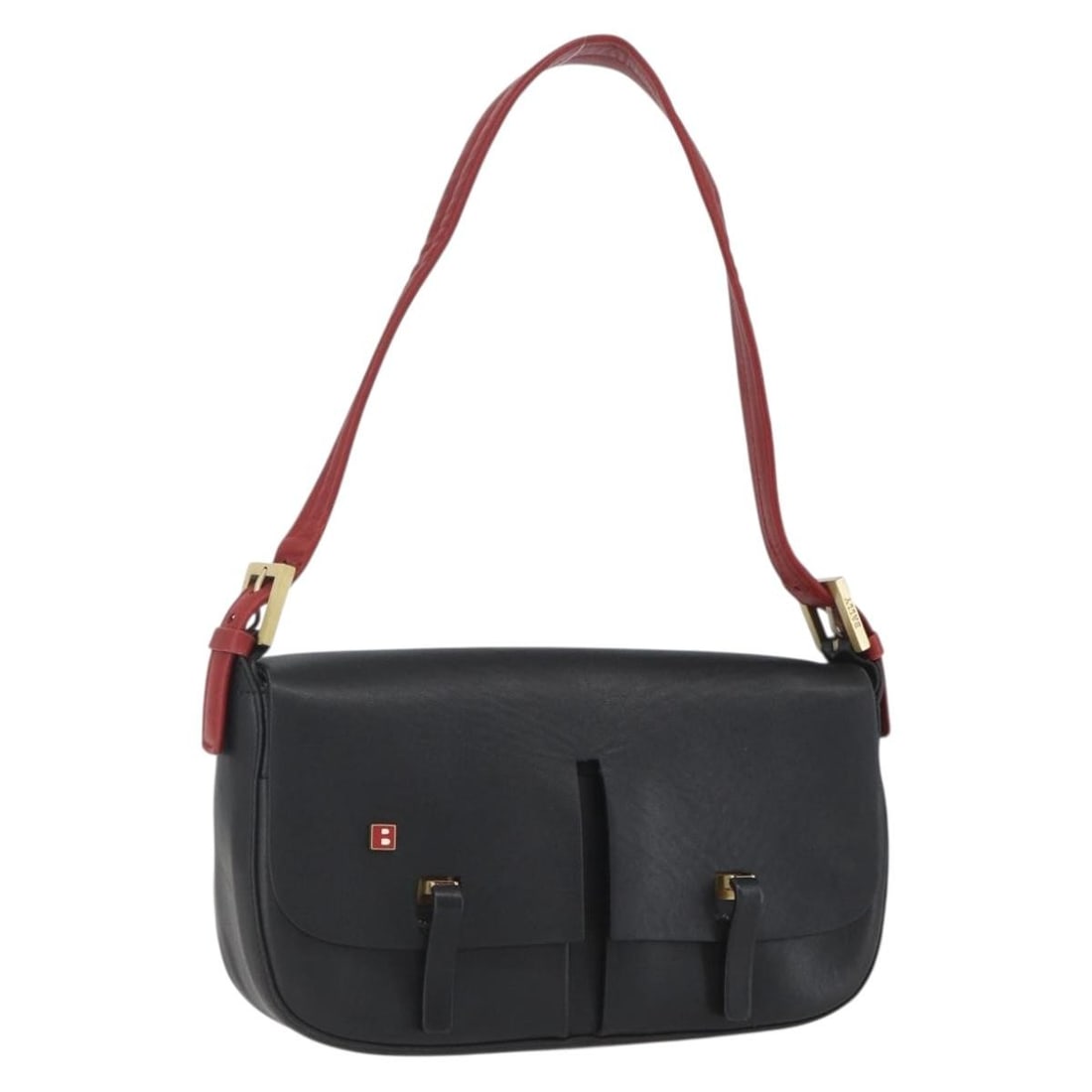 BALLY Black Leather Shoulder Bag with Gold Tone Accents Made in Italy: BALLY Black Leather Shoulder Bag with Gold Tone Accents Made in Italy This BALLY shoulder bag features black and gold leather with a structured shape and a shoulder strap with a drop of approximately