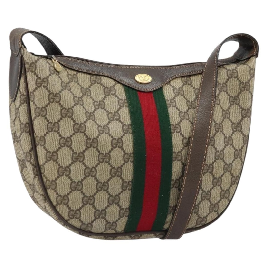 Gucci GG Supreme Sherry Line Beige PVC Shoulder Bag 010 378: Gucci GG Supreme Sherry Line Beige PVC Shoulder Bag 010 378 This is a Gucci Web Sherry Line GG Supreme shoulder bag, featuring beige and gold PVC leather with GG canvas details. The bag is designed fo