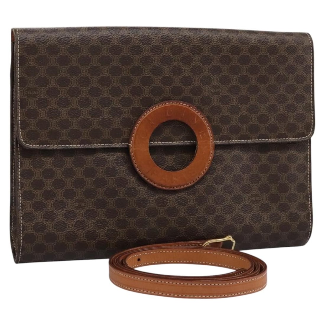 Celine Macadam Brown PVC Leather Women's Shoulder Bag Gold Accent Italy: Celine Macadam Brown PVC Leather Women's Shoulder Bag Gold Accent Italy This Celine Macadam shoulder bag features a brown and gold PVC leather and canvas exterior with the iconic Macadam pattern. Desi