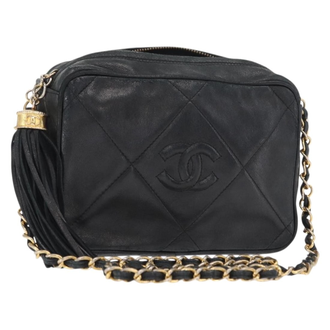 Chanel Black Lambskin Matelasse Shoulder Bag with Gold Chain CC Logo: Chanel Black Lambskin Matelasse Shoulder Bag with Gold Chain CC Logo This CHANEL Matelasse chain shoulder bag is crafted from black lambskin leather with gold-tone CC accents. The bag features a flap