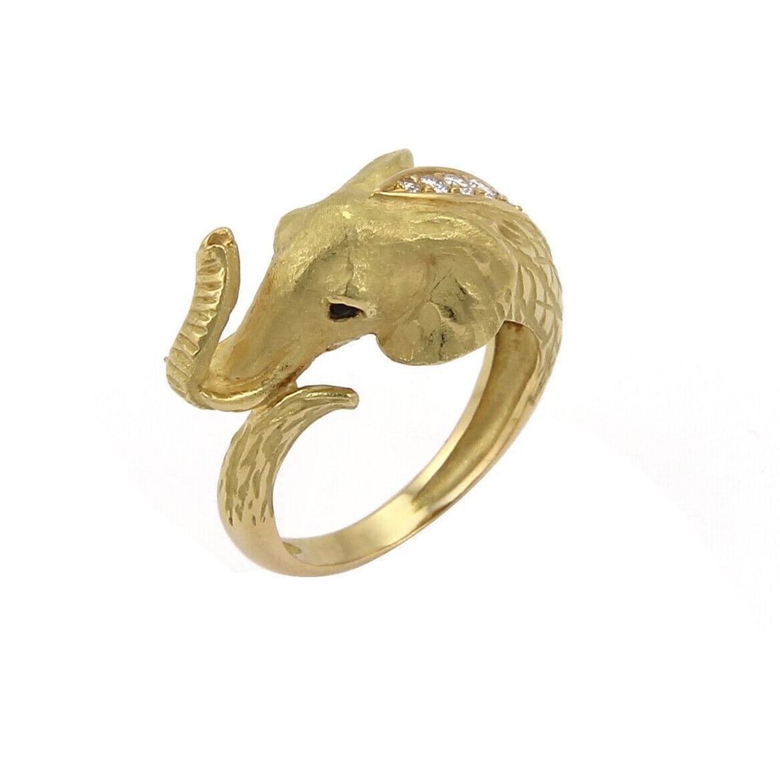Elephant Head Design 18k Yellow Gold Diamond Onyx Ring by Jean Pierre Bellin Size 6 (1 of 6)