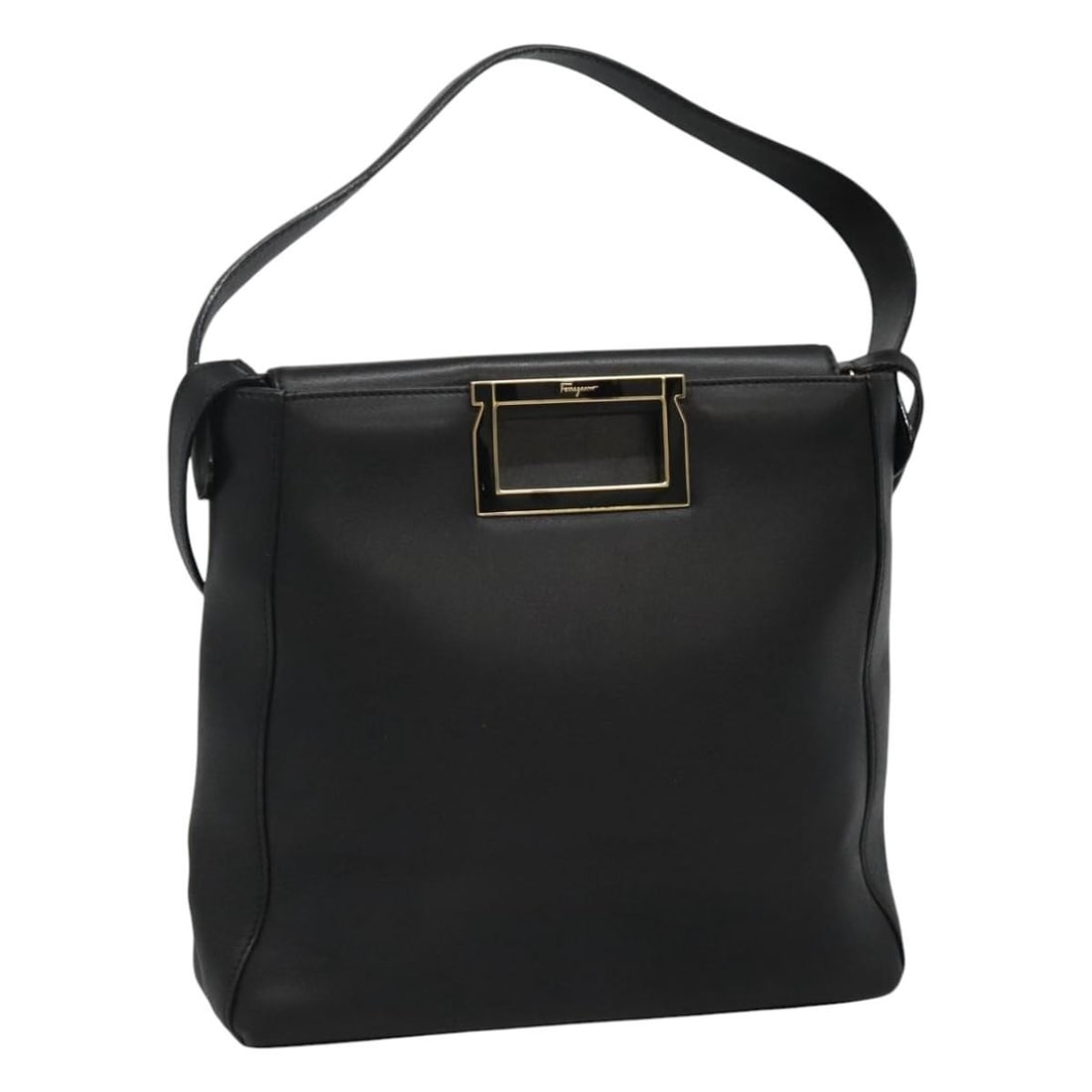 Salvatore Ferragamo Black Leather Convertible Handbag with Gold Accents Italy: Salvatore Ferragamo Black Leather Convertible Handbag with Gold Accents Italy This Salvatore Ferragamo 2-way handbag is crafted from black leather with gold-tone accents. Designed for women, it featur