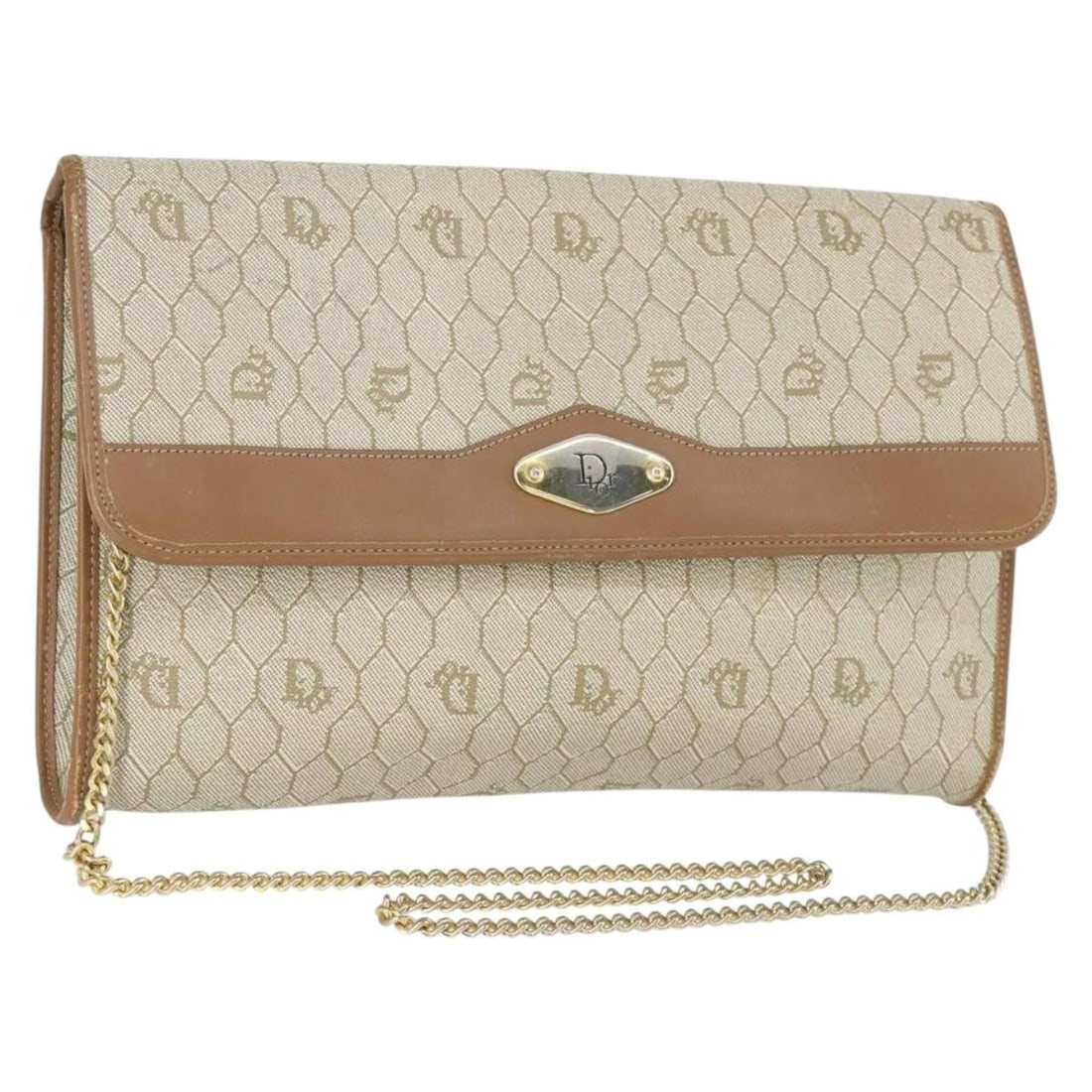 Christian Dior Shoulder Bag Honeycomb Beige PVC Leather Gold Chain France: Christian Dior Shoulder Bag Honeycomb Beige PVC Leather Gold Chain France This Christian Dior shoulder bag features a signature honeycomb canvas design with beige and gold tones. The exterior is craft
