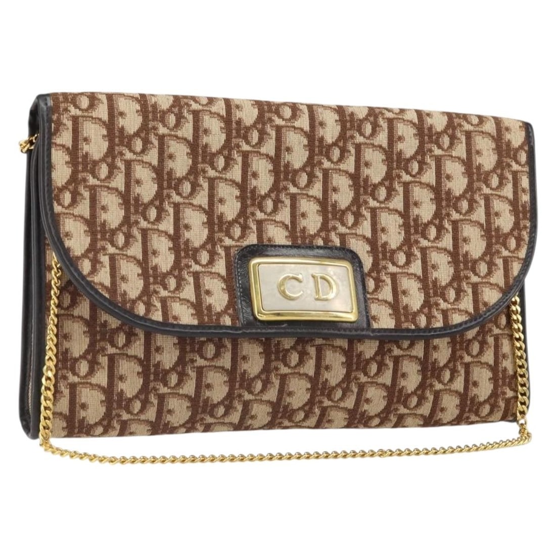Brown Gold Trotter Canvas Shoulder Bag by Christian Dior with Chain Strap: Brown Gold Trotter Canvas Shoulder Bag by Christian Dior with Chain Strap This Christian Dior Trotter Canvas Chain Shoulder Bag features the iconic brown and gold Trotter canvas design. The bag has a