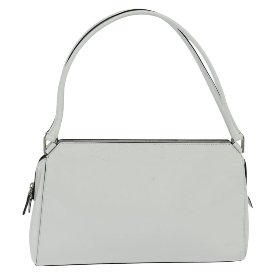 PRADA White Silver Leather Tote Bag Auth Italy 150139: PRADA White Silver Leather Tote Bag Auth Italy 150139 This authentic PRADA Tote Bag showcases a sophisticated design crafted from high-quality white leather with silver accents. Made in Italy, this to