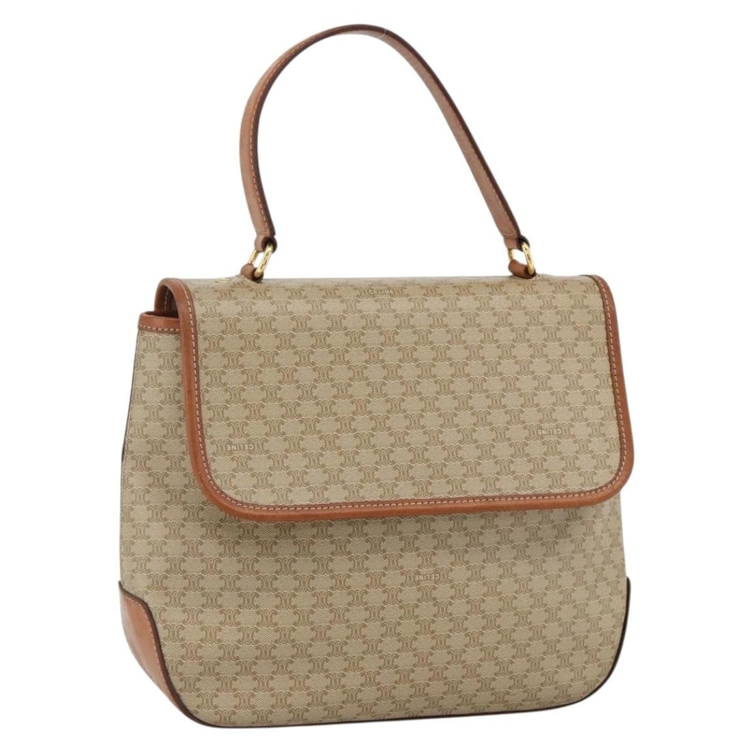 Beige Macadam Canvas PVC Handbag by CELINE Gold Accents: Beige Macadam Canvas PVC Handbag by CELINE Gold Accents This CELINE Macadam Canvas handbag is crafted from durable PVC leather in a beige and gold color combination. Designed for women, it features a