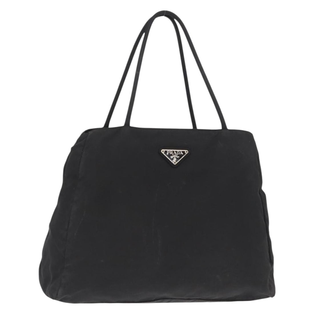 Black Nylon Prada Handbag with Silver Details Made in Italy: Black Nylon Prada Handbag with Silver Details Made in Italy This PRADA hand bag features a black nylon exterior with silver-tone accents. Designed for everyday use, it offers a spacious interior and a