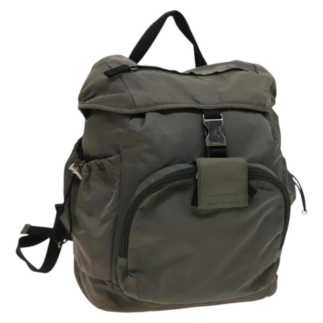 PRADA Khaki Silver Nylon Backpack Made in Italy: PRADA Khaki Silver Nylon Backpack Made in Italy This PRADA backpack is crafted from durable nylon in a stylish khaki and silver color combination. The bag features a height of approximately 11.8 inche