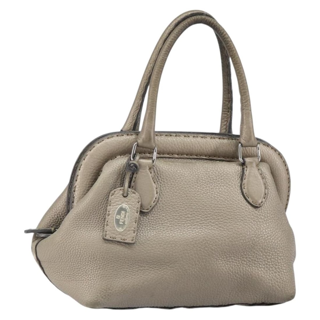Fendi Celeria Beige Leather Handbag with Silver Accents: Fendi Celeria Beige Leather Handbag with Silver Accents This FENDI Celeria hand bag features beige and silver leather with silver-tone hardware. Crafted in Italy, the bag offers a classic silhouette w