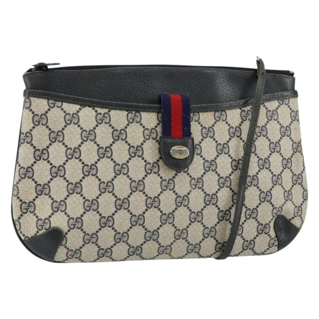 GUCCI GG Canvas Sherry Line Shoulder Bag PVC Leather Navy Red Auth (1 of 18)