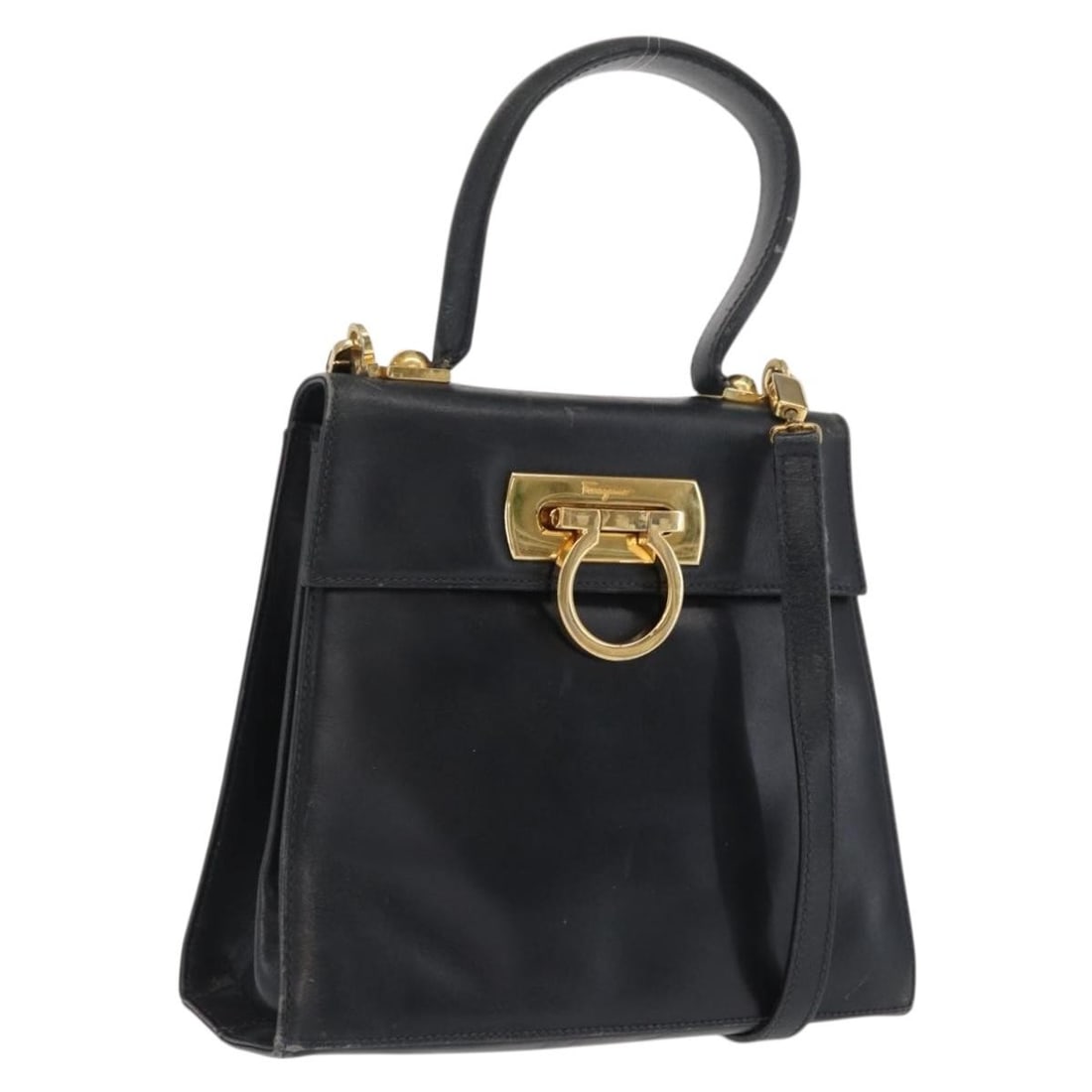 Salvatore Ferragamo Navy Leather Gancini Convertible Shoulder Handbag with Gold Accents: Salvatore Ferragamo Navy Leather Gancini Convertible Shoulder Handbag with Gold Accents This Salvatore Ferragamo Gancini handbag features a 2-way design crafted from navy leather with gold-tone accent
