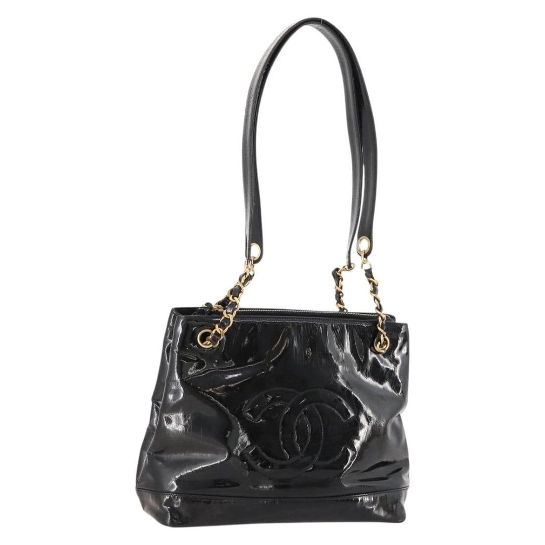 Chanel Black Patent Leather Shoulder Bag with Gold Chain CC Logo: Chanel Black Patent Leather Shoulder Bag with Gold Chain CC Logo This CHANEL chain shoulder bag is crafted from black patent leather with gold-tone accents. Designed for women, the bag features a spac