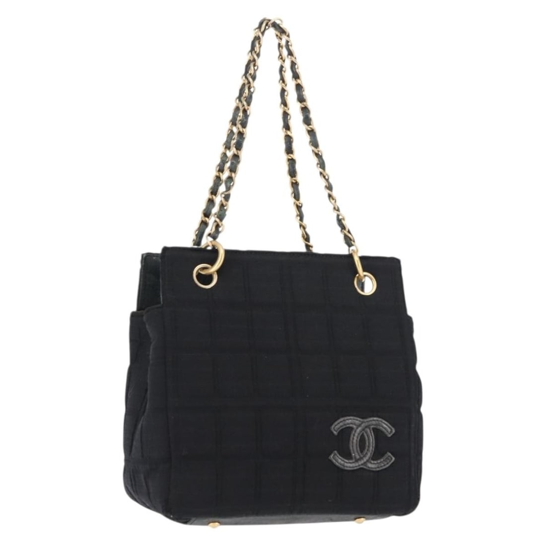 CHANEL Black Gold Canvas Choco Bar Handbag Authenticated Italy: CHANEL Black Gold Canvas Choco Bar Handbag Authenticated Italy This CHANEL Chain Choco Bar Line Hand Bag showcases a sophisticated blend of black and gold in a durable canvas material. Crafted in Ital