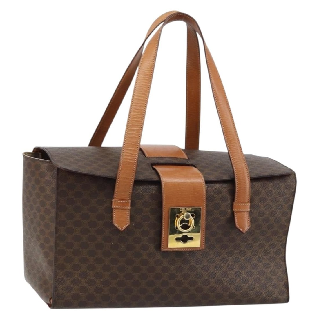 Celine Macadam Brown PVC Canvas Handbag with Gold Accents: Celine Macadam Brown PVC Canvas Handbag with Gold Accents This CELINE Macadam Canvas hand bag features a combination of PVC leather and Macadam canvas in brown and gold tones. Designed for women, the