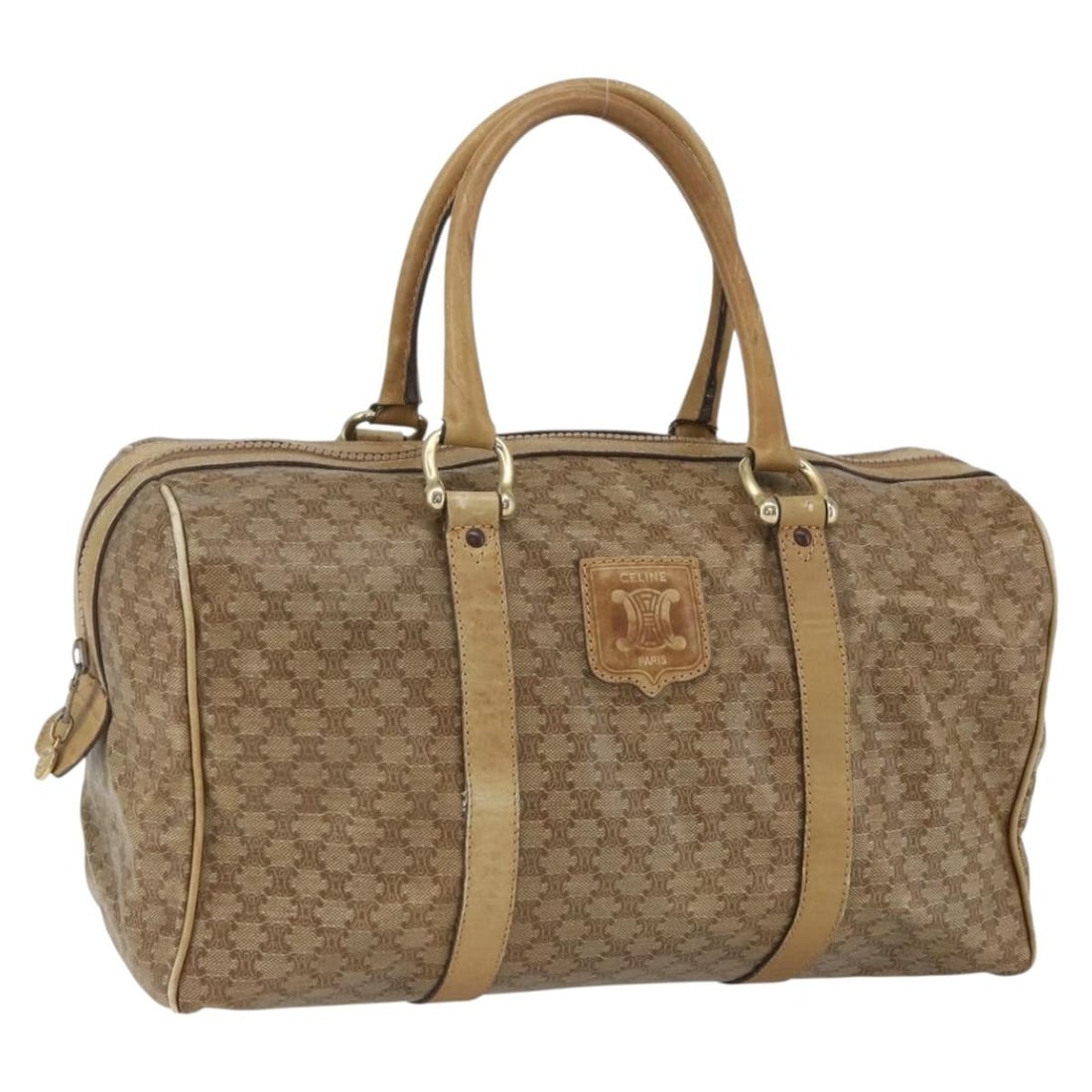 Celine Boston Bag Macadam Beige PVC Canvas Gold Tone Made in Italy: Celine Boston Bag Macadam Beige PVC Canvas Gold Tone Made in Italy This CELINE Boston bag is crafted from beige and gold Macadam canvas with PVC leather accents. Made in Italy, it features a spacious