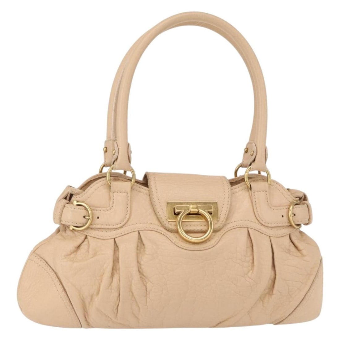Salvatore Ferragamo Gancini Beige Gold Leather Hand Bag Auth BA8692 (1 of 18)