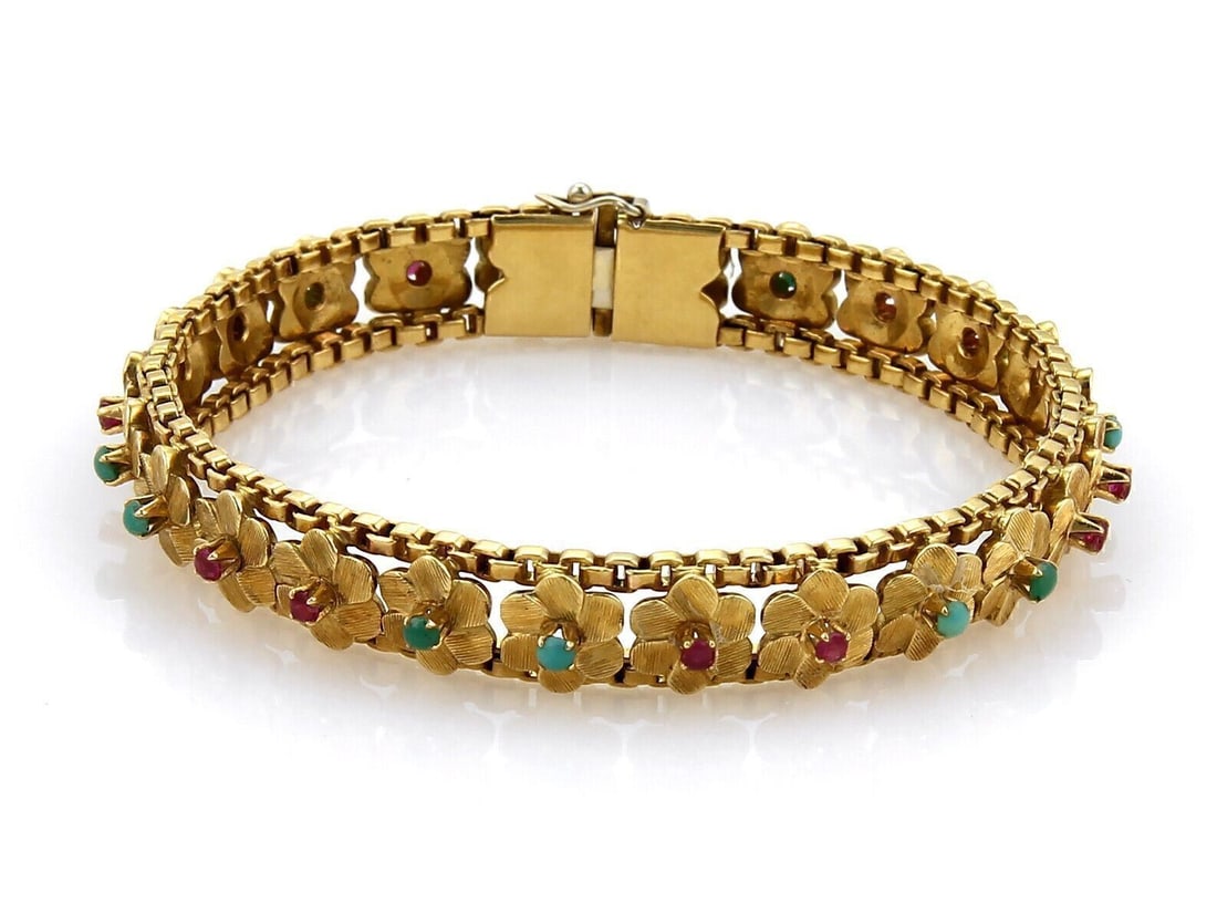 Vintage Floral Bracelet with Turquoise Rubies Green Onyx in 18k Yellow Gold (1 of 5)
