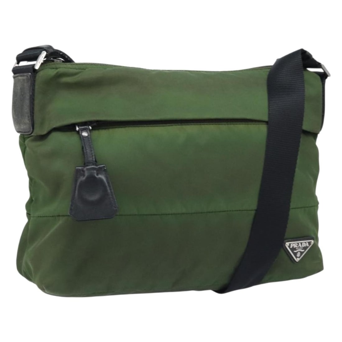 Prada Green Nylon Shoulder Purse with Silver Details and Clochette: Prada Green Nylon Shoulder Purse with Silver Details and Clochette This PRADA shoulder bag features a green and silver nylon exterior with silver-tone hardware. Designed for women, it is crafted in It