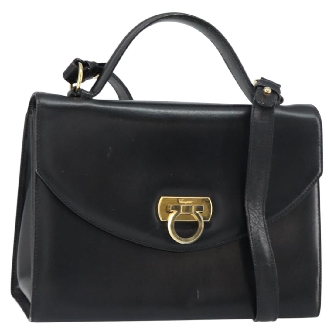 Salvatore Ferragamo Gancini Black Gold Leather Shoulder Bag Auth 156467 (1 of 18)