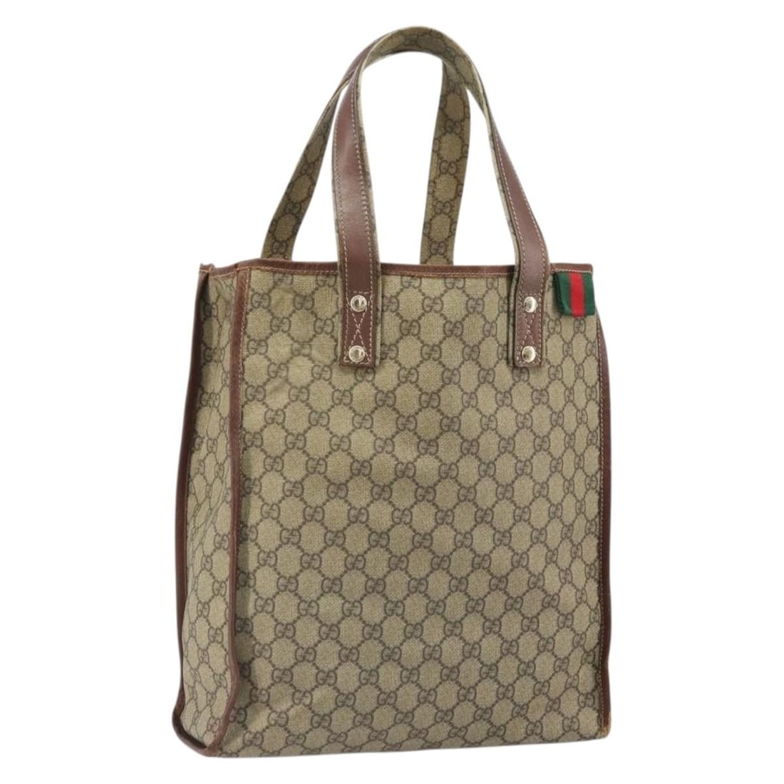 Gucci GG Supreme Sherry Line Beige Gold Red PVC Tote Bag 211135: Gucci GG Supreme Sherry Line Beige Gold Red PVC Tote Bag 211135 This is a Gucci GG Supreme Web Sherry Line tote bag crafted from beige PVC leather with gold and red accents. The bag features the iconi