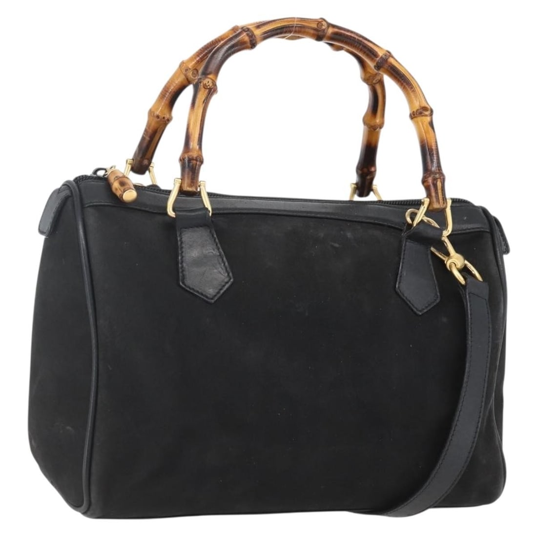 Black Suede GUCCI Bamboo 2-Way Handbag with Gold Accents and Shoulder Strap (1 of 18)
