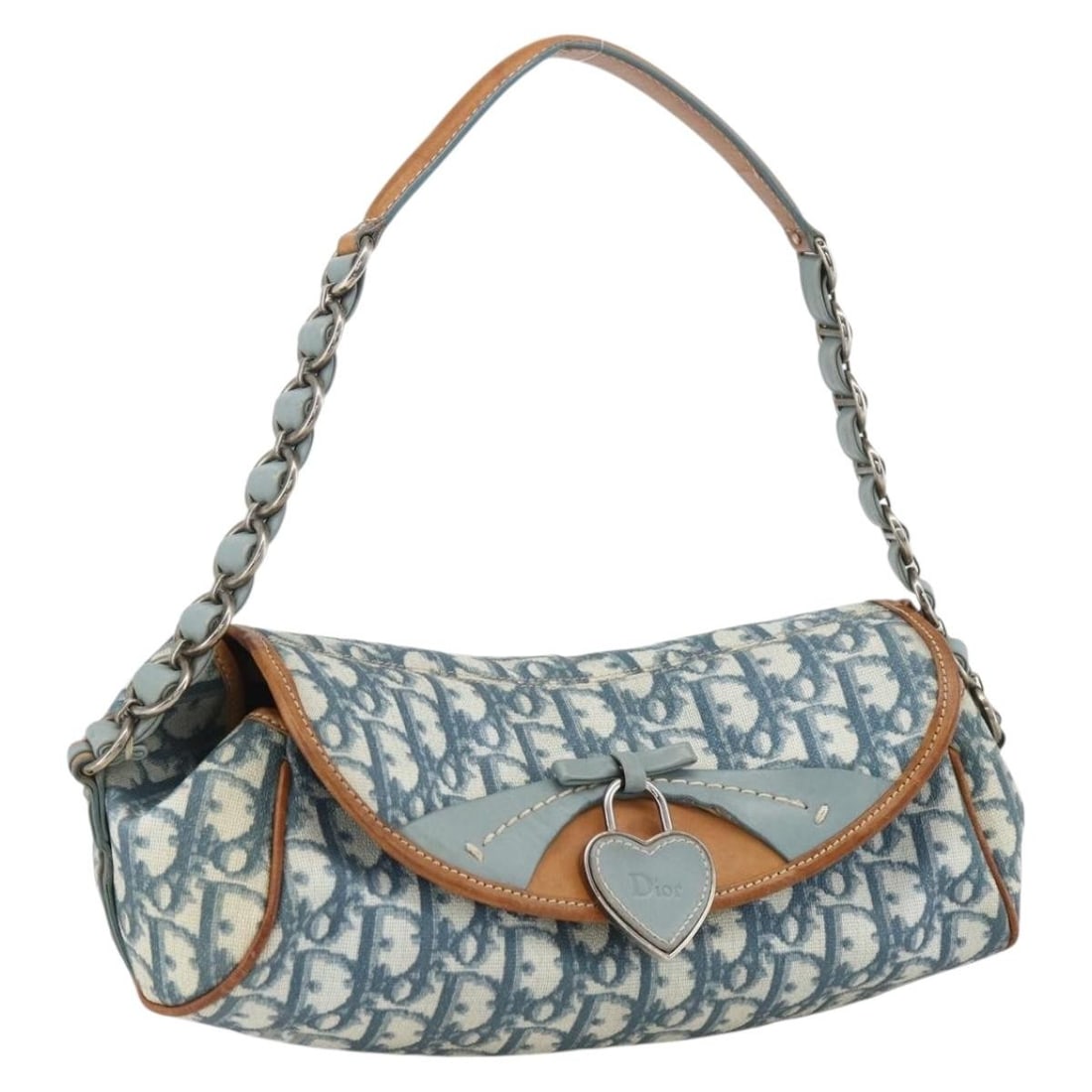 Christian Dior Trotter Canvas Blue Romantic Shoulder Bag with Chain Strap: Christian Dior Trotter Canvas Blue Romantic Shoulder Bag with Chain Strap This Christian Dior shoulder bag features the iconic Trotter canvas in blue and silver tones. Made in Italy, it has a compact,