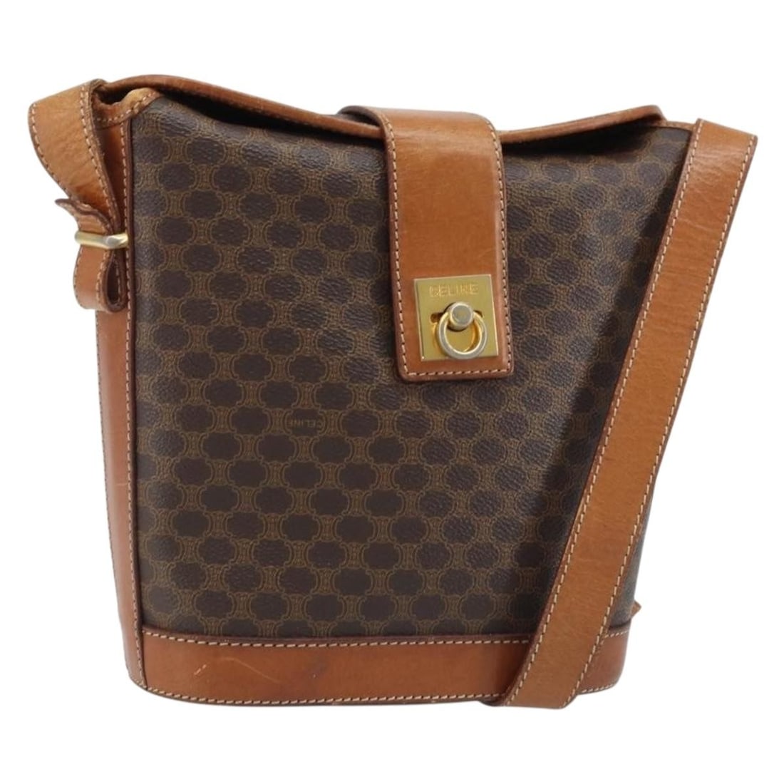 Celine Macadam Brown PVC Leather Shoulder Purse Gold Accent Italy: Celine Macadam Brown PVC Leather Shoulder Purse Gold Accent Italy This CELINE Macadam Canvas shoulder bag features a brown and gold color scheme and is crafted from PVC leather with the signature Maca