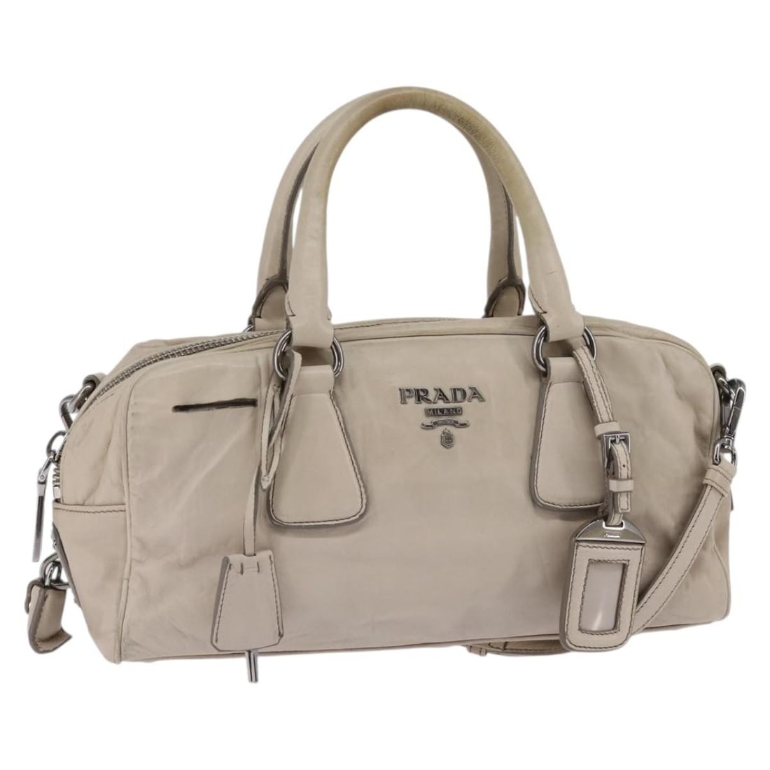 Prada Beige Leather Convertible Handbag with Silver Tone Accents and Shoulder Strap (1 of 18)