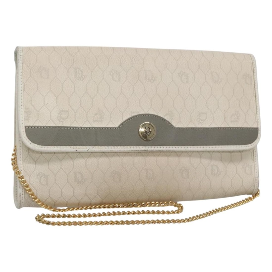 Christian Dior White Honeycomb Canvas PVC Leather Chain Shoulder Bag: Christian Dior White Honeycomb Canvas PVC Leather Chain Shoulder Bag This Christian Dior shoulder bag features a honeycomb canvas design with PVC leather in white. Designed for women, it is made in Fr