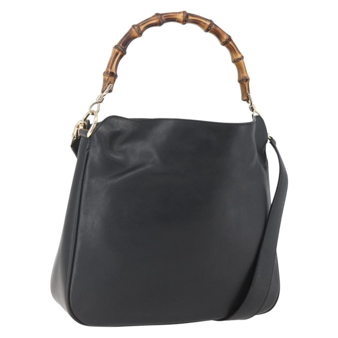 Gucci Black Leather Bamboo 2way Handbag with Gold Hardware and Shoulder Strap: Gucci Black Leather Bamboo 2way Handbag with Gold Hardware and Shoulder Strap This Gucci Bamboo handbag is crafted from black leather with gold-tone accents. It features a structured silhouette with d