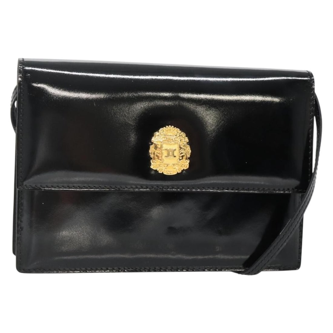 CELINE Black Gold Enamel Shoulder Bag Authentic SW1458: CELINE Black Gold Enamel Shoulder Bag Authentic SW1458 Introducing the CELINE Shoulder Bag, a stylish accessory crafted in France. This elegant shoulder bag features a sophisticated black enamel exter