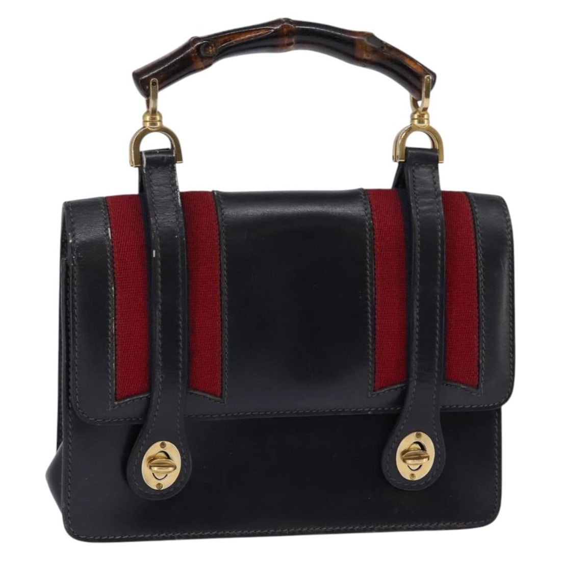 GUCCI Bamboo Sherry Line Hand Bag Leather Navy Red Gold Auth (1 of 18)