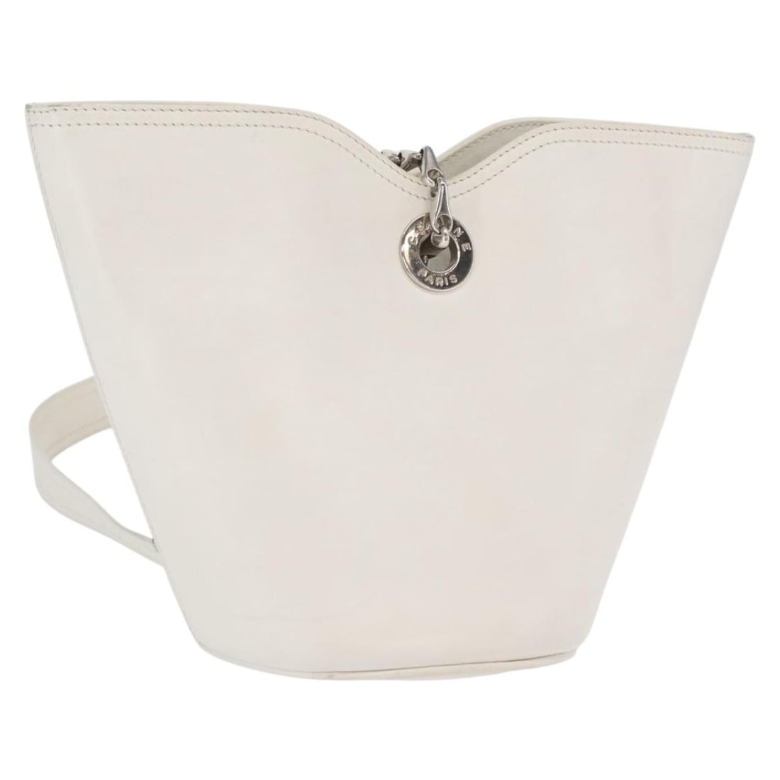White Leather Shoulder Bag with Chain Strap by CELINE: White Leather Shoulder Bag with Chain Strap by CELINE This is a CELINE chain shoulder bag crafted from leather in a white and silver color scheme. The bag features a chain shoulder strap, classic shou