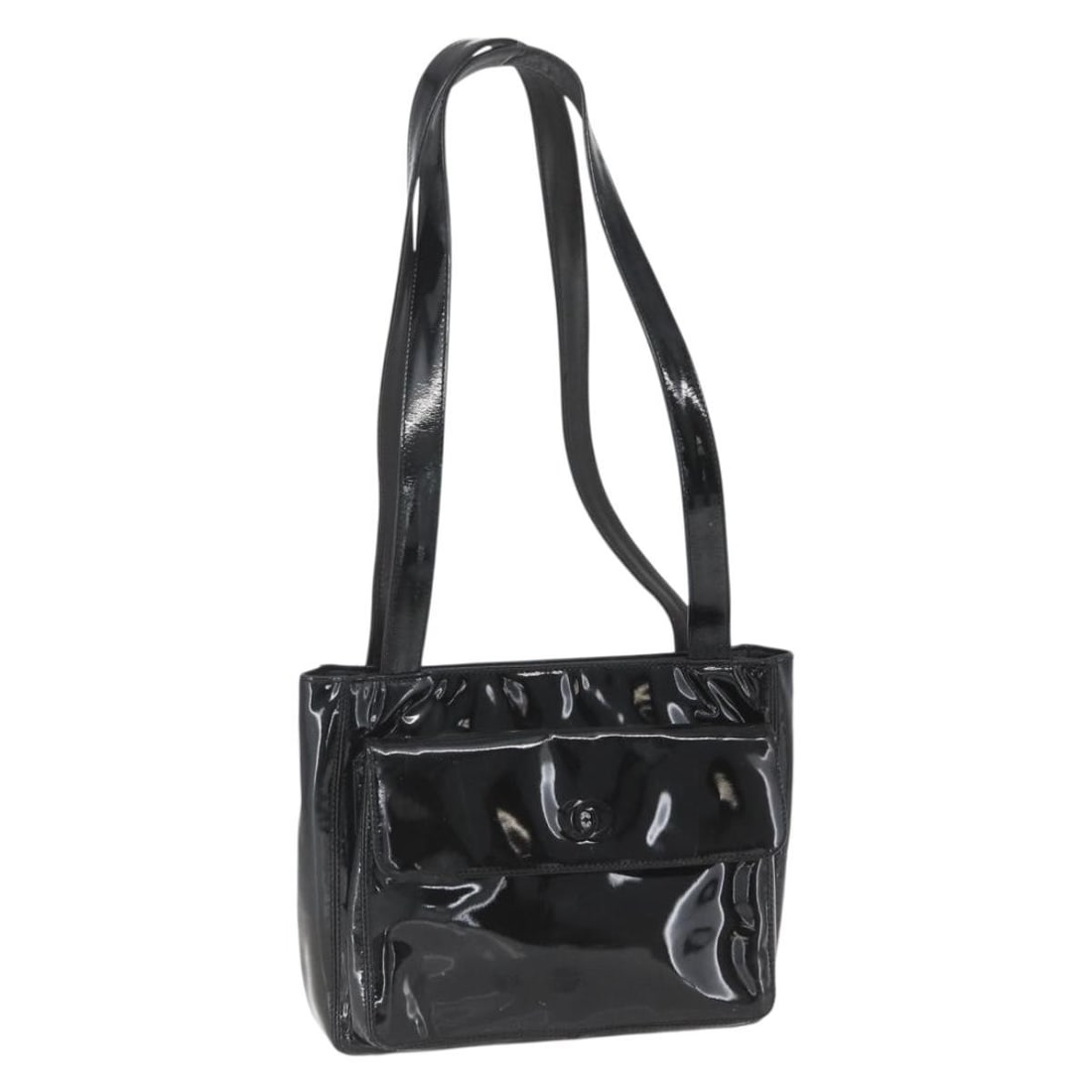 Chanel Coco Mark Black Patent Leather Shoulder Bag Silver CC Logo: Chanel Coco Mark Black Patent Leather Shoulder Bag Silver CC Logo This CHANEL COCO Mark shoulder bag is crafted from black patent leather with silver-tone accents. Designed for women, it features a si